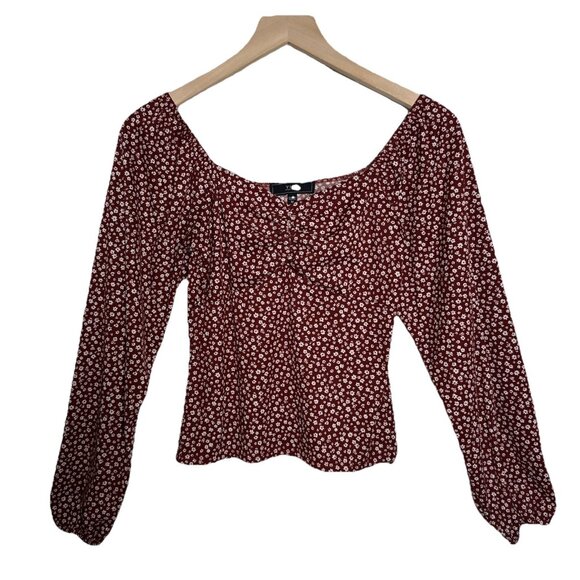 Women’s Medium Red Top Long Sleeve Ditsy Floral Shirt Cottagecore Peasant Y2K - Picture 1 of 9